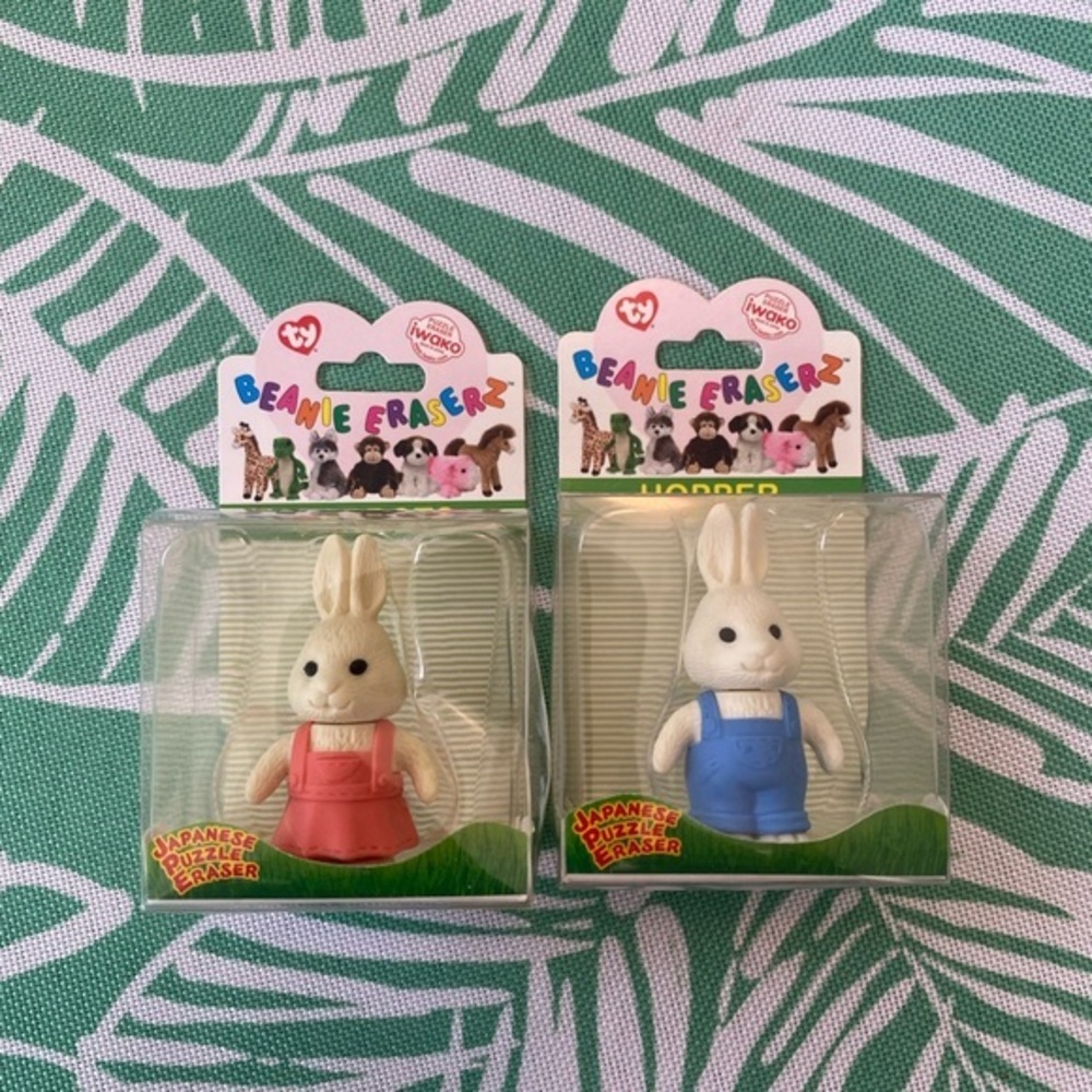 TY Beanie Baby Eraser Puzzle - HOPPER and Carrots Bunny (1.5 inch) Set of 2 New
